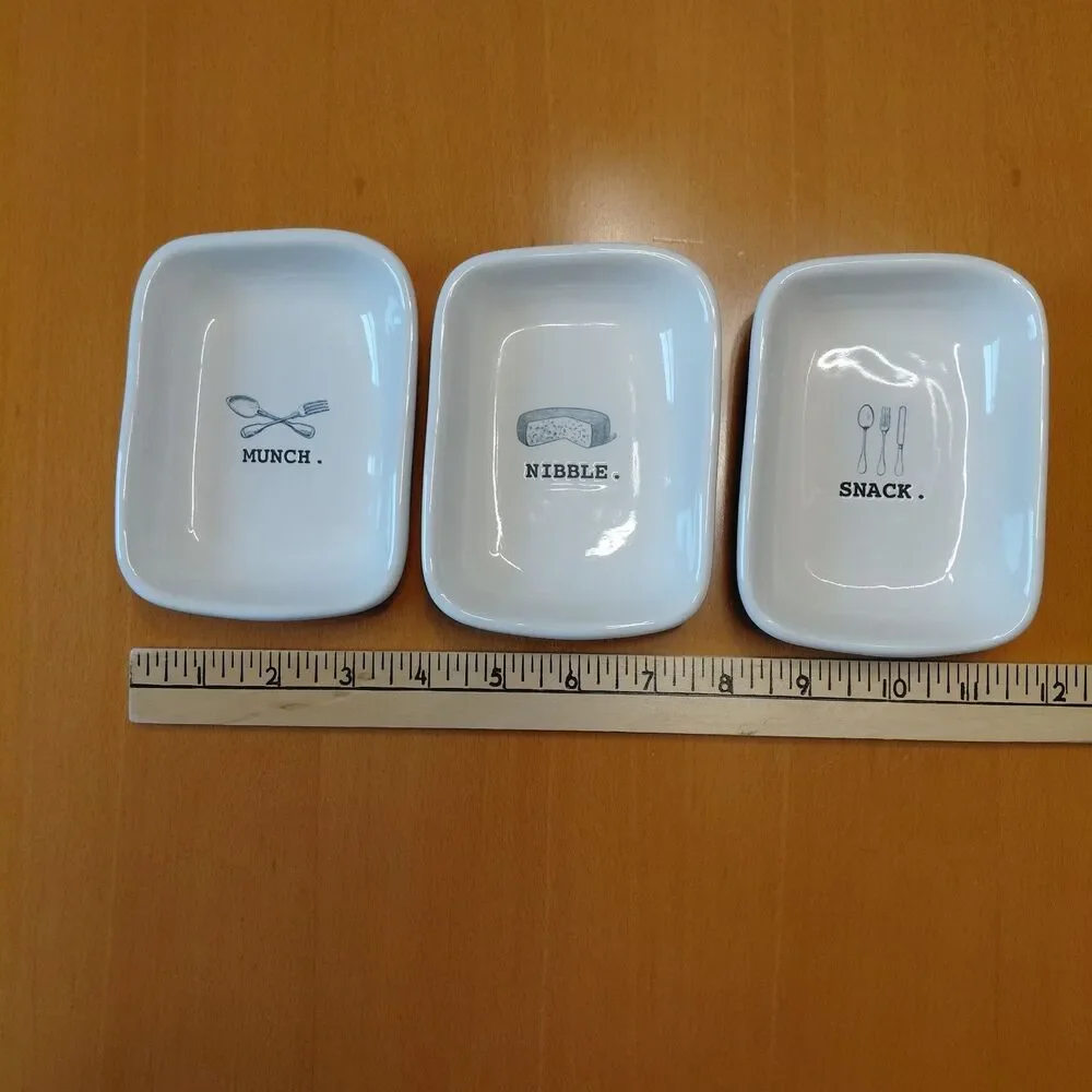 EUC Rae Dunn Set 3 Nibble Snack Munch Appetizer Plates White Ceramic Trays